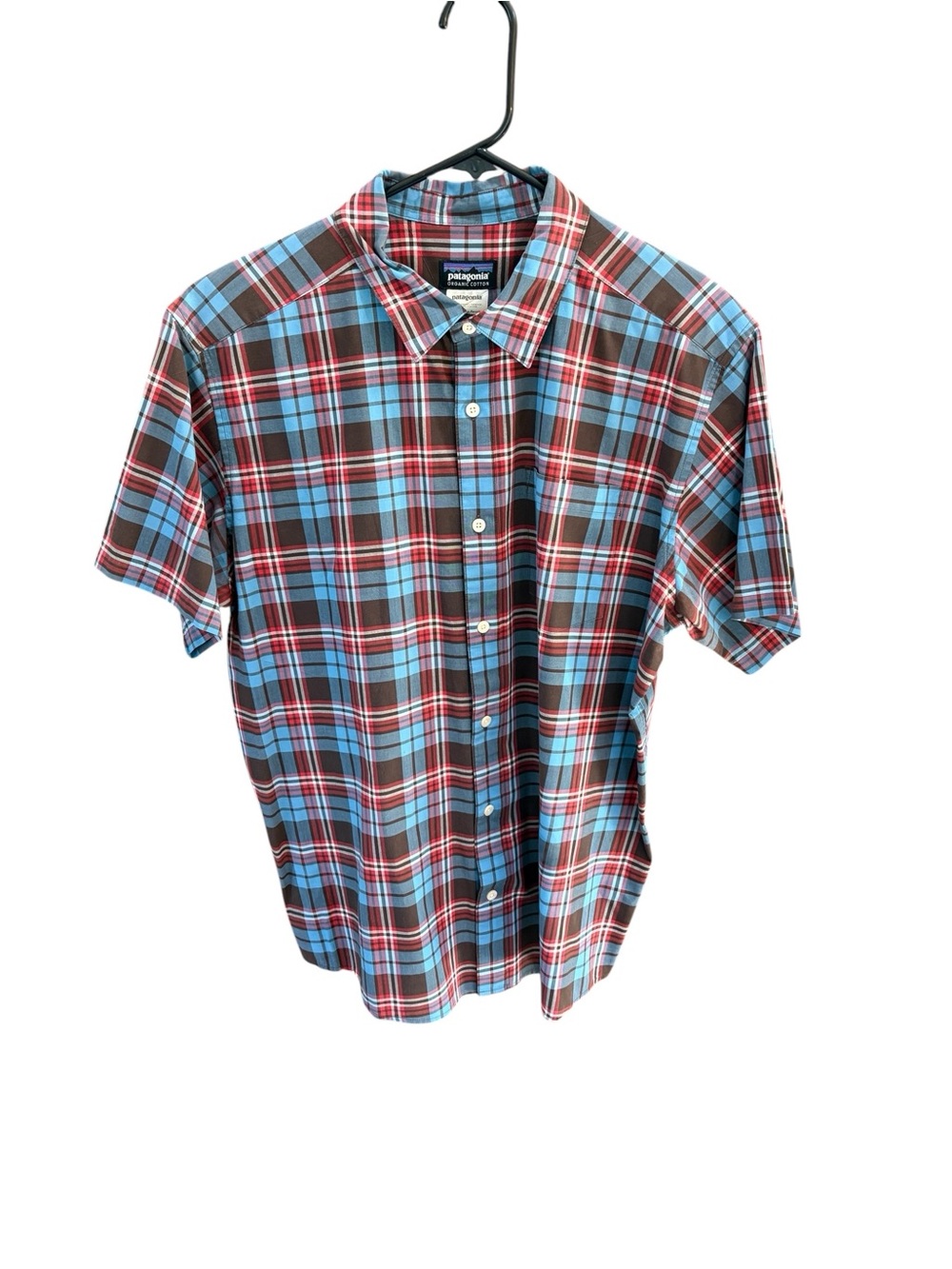 Patagonia Organic Cotton Blue Red Plaid Short Sleeve Size L